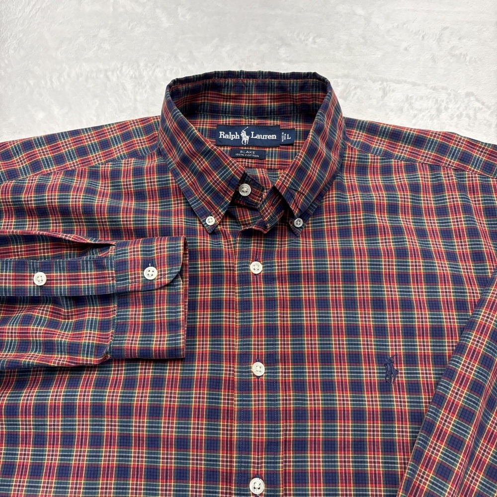 Vtg 90s Ralph Lauren Blake Plaid Shirt Mens L Red Tartan Button Down Cotton